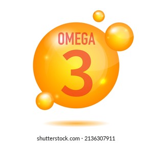 Vitamin Omega-3 Fatty Acids gold shining pill capsule icon . Vitamin complex with Chemical formula Dietary supplement .Shining golden substance drop or essence droplet. Meds for health ads. Vector
