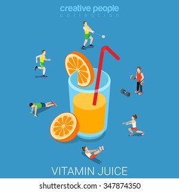 Vitamin orange citrus juice flat 3d isometry isometric healthy lifestyle concept web vector illustration. Micro sportsmen around big glass of beverage. Creative people collection.