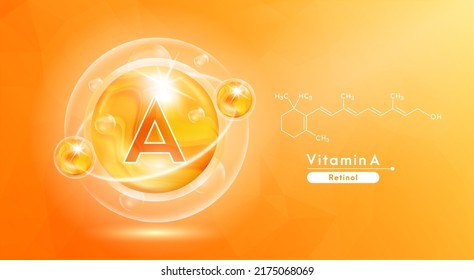 Vitamin A orange and structure. Pill vitamins complex and bubble collagen serum chemical formula. Beauty treatment nutrition skin care design. Medical and scientific concepts. 3D Vector EPS10.