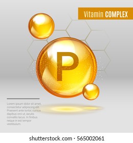 Vitamin P gold shining pill capcule icon . Vitamin complex with Chemical formula, Flavonoids. Shining golden substance drop. Meds for heath ads. Vector illustration