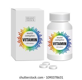 Vitamin Package Template Design, Attractive Packaging Set With Labels. Vector Illustration.
