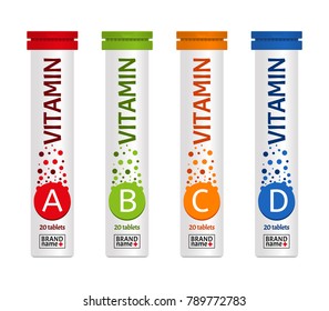 Vitamin Package Template Design, Attractive Packaging Set With Labels. Vector Illustration.