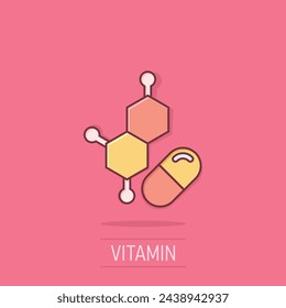 Icono de la nota de la píldora vitamínica en estilo cómico. Ilustración vectorial de dibujos animados de la cápsula sobre fondo aislado. Concepto de negocio de signo de efecto de salpicadura de antibiótico.