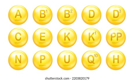 Vitamin pill vector icon set. 3D drop capsules. Vitamin complex design for beauty skin care. Medicine health symbols EPS10