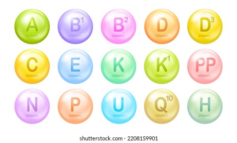 Vitamin pill vector icon set. 3D drop capsules. Vitamin complex design for beauty skin care. Medicine health symbols EPS10