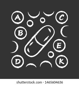 Vitamin pills chalk icon. A, B, C, D, E, K multi vitamins complex. Multivitamin medication. Vital minerals and antioxidants. Healthcare and medicine. Isolated vector chalkboard illustration