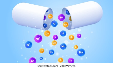 Vitamin pills. Healthy lifestyle. Health and medicine. Natural nutritional supplements for good nutrition and diet. Advertising and marketing. Isometric vector illustration