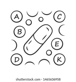 Vitamin pills linear icon. A, B, C, D, E, K multi vitamins complex. Multivitamin medication. Vital minerals. Thin line illustration. Contour symbol. Vector isolated outline drawing. Editable stroke