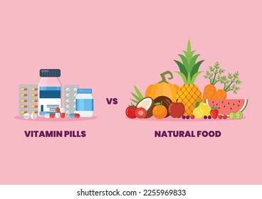 Vitamin pills vs natural food healthy eating concept. Vector illustration