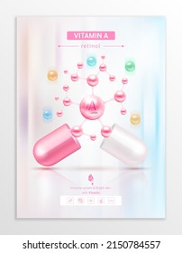 Vitamin A pink in capsule. Essential vitamins complex and minerals in molecular form. Dietary supplement for pharmacy advertisement. Poster banner design for clinics. Medic concept. Vector EPS10.