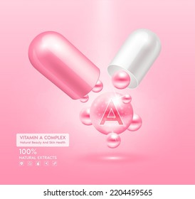 Vitamin A pink capsule. Treatment with vitamins complex collagen skincare beauty. Health supplement anti aging. Cosmetic beauty product design. 3D Realistic on pink background. Vector EPS10.