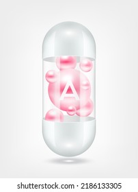 Vitamin A pink inside capsule pill transparent white. Health care beauty enhancement neutralize free radicals. Used for nutrition products food template design. 3D Realistic Vector EPS10.