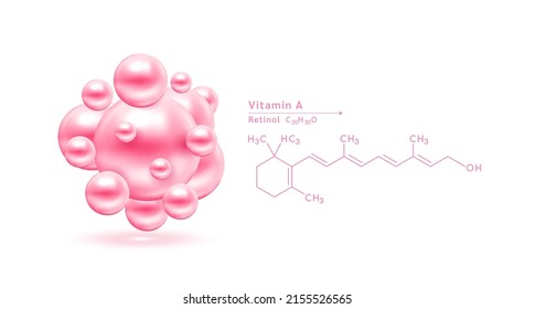 Vitamina A fórmula química estructural rosa. Sérico de colágeno cutáneo de ácido hialurónico. Complejo de vitamina aislado en el fondo blanco. Conceptos científicos médicos. Ilustración vectorial 3D.