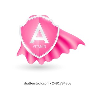 Vitamin A plus in shield knight pink cloak. Protect and build immunity healthy. Vitamins minerals essential. For ads dietary supplements medical pharmacy. Vector EPS10 illustration.