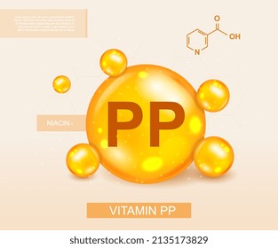 Concepto de vitamina PP. Proteína, elementos para el crecimiento muscular y quema de grasa. Complementos nutricionales para atletas y personas con enfermedades. Diseño de tarjetas médicas. Ilustración vectorial isométrica de dibujos animados
