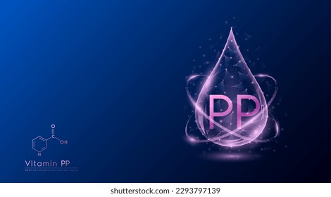 Vitamin PP drop pink low poly and structure chemical formula. Medicine science innovative. Multivitamins complex collagen supplement skincare anti aging. Cosmetics nutrition banner design. Vector.