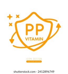 Vitamin PP icon orange in shield surrounded by arrows Isolated on a white background. Medical symbol build protective and immunity concept. Design for use print media form simple line. Vector.