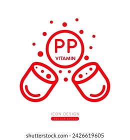 Vitamin PP Symbol rot schwimmend aus Kapsel isoliert auf weißem Hintergrund. Eine einfache Linie bilden. Design für den Einsatz auf mobilen Web-App- und Printmedien. Vektor.