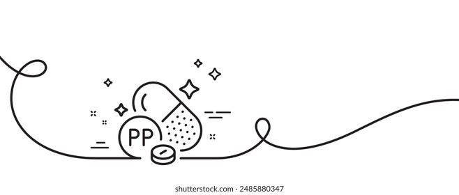 Vitamin PP line icon. Continuous one line with curl. Niacin food nutrient sign. Capsule or pill supplement symbol. Niacin single outline ribbon. Loop curve pattern. Vector