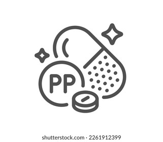 Vitamin PP line icon. Niacin food nutrient sign. Capsule or pill supplement symbol. Quality design element. Linear style niacin icon. Editable stroke. Vector