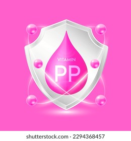 Vitamin PP pink drop inside aluminum silver shield with atom surround. Minerals and vitamins complex protect the body stay healthy. For nutrition products food. Vector EPS10 illustration.