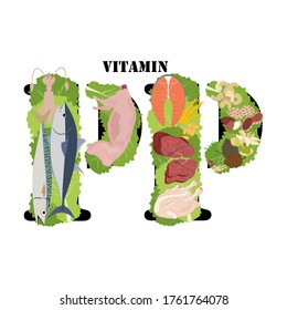 Vitamin PP rich food vector illustration on the white background.