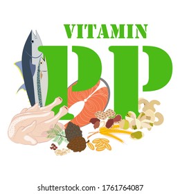 Vitamin PP rich food vector illustration on the white background.