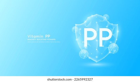 Protector de vitamina PP azul translúcido poligonal. Vitaminas de refuerzo inmunológico. La innovación médica protege su cuerpo sano. Escuche la protección futurista moderna del triángulo de popa bajo. Vector de pancarta.