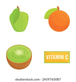 Vitamin product icons set cartoon vector. Fruit enriched with ascorbic acid. Healthy nutrition
