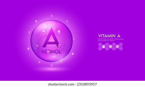 Vitamin A purple solution or Retinol. Innovation repair maintain bright skin care anti aging. Vitamins complex and collagen serum. For medical beauty treatment nutrition cosmetic design. Vector.