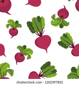 vitamin purple vegetable beet, beetroot with green leaves seamless vector pattern on white background