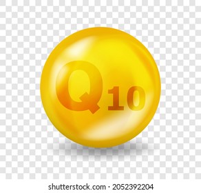 Vitamin Q10 Coenzyme. Vitamin complex illustration concept. Q10 Ubiquinone, coenzyme Q pill capsule. 3D Yellow drug nutrition design.