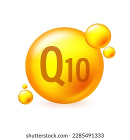 Vitamin Q10 gold shining pill capcule icon. Pill capcule vector illustration on white isolated background