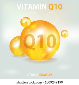 Vitamin Q10 golden shiny tablet in capsule vitamin complex icon. Organic Vitamin Gold drop icon. Beauty advertisement. Vector illustration.