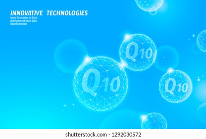 Vitamin Q10 low poly sphere light blue sunny sky. Health supplement skin care anti-aging cosmetics ad complex coenzyme Q ubiquinone. Medicine science banner template vector illustration