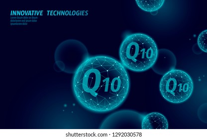 Vitamin Q10 Low-Poly-Kugel dunkelblauer Globus . Gesundheitsergänzung Hautpflege Anti-Aging Kosmetika und komplexes Coenzym Q ubiquinon. Illustration zur Vektorillustration der Medizin