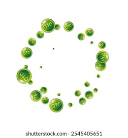 Vitamin Q10 round capsules scattered randomly.  Beauty treatment and nutrition skin care.   Medical and scientific background.  Healthy life concept.
