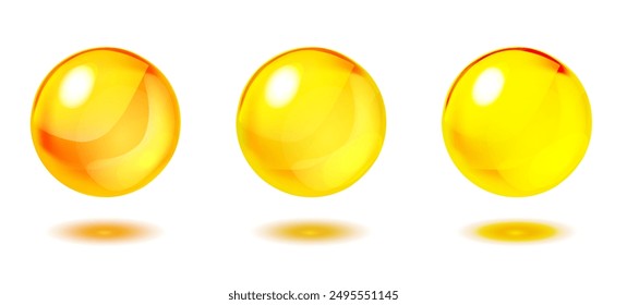 Vitamin, realistic collagen oil set or essence, model isolated on white background. Vector circle water drop icon