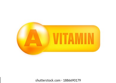 Vitamin A with realistic drop on gray background. Particles of vitamins in the middle. Vector illustration.