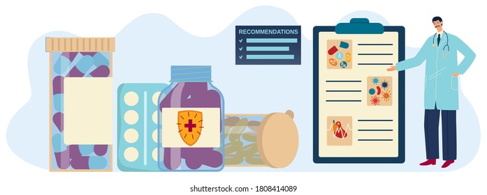 Vitamin recommendation vector illustration. Cartoon flat doctor pharmacist medical character recommending vitamin supplement tablet pills for healthy lifestyle, pharmacy medicine healthcare background