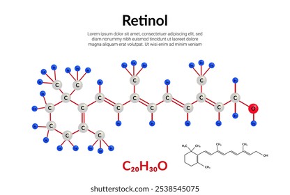 Vitamin A or retinol molecular structure formula, ball-and-stick model, suitable for education or chemistry science content. Vector illustration