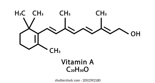 Vitamin A Retinol molecular structure. Vitamin A Retinol skeletal chemical formula. Chemical molecular formulas