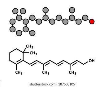 Vitamin A (retinol) molecule. Stylized 2D rendering and conventional skeletal formula.