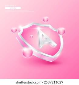 Vitamin A or Retinol in silver shield shape and pink atom. Protect the body stay healthy. Used for nutrition products food. Medical scientific concepts. Isolated 3D Vector EPS10 illustration.