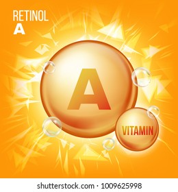 Vitamin A Retinol Vector. Organic Vitamin Gold Pill Icon. Capsule. For Skin Beauty, Cosmetic, Heath Promo Ads Design. 3D Complex With Chemical Formula. Illustration