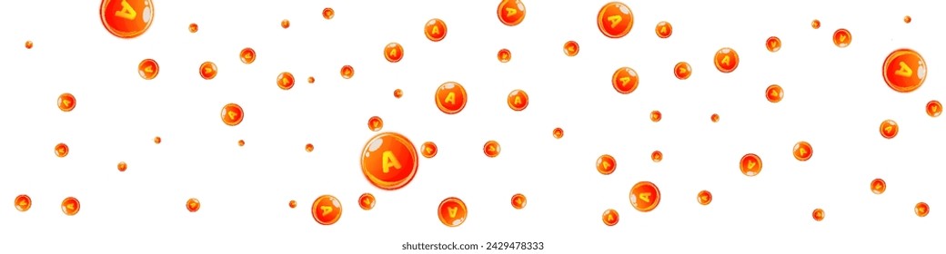 Vitamin A round capsules scattered randomly.  Beauty treatment and nutrition skin care.   Healthy life concept. Medical and scientific background. 