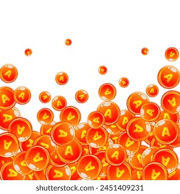 Cápsulas redondas de vitamina A dispersadas al azar.  Tratamiento de belleza y nutrición cuidado de la piel.   Formación médica y científica.  Concepto de bienestar.