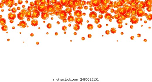 Vitamin A round capsules scattered randomly.  Beauty treatment and nutrition skin care.   Wellness concept. Essential vitamins vector illustration. 