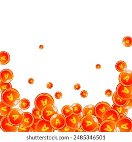 Vitamin A round capsules scattered randomly.  Beauty treatment and nutrition skin care.   Medical and scientific background.  Healthy life concept.