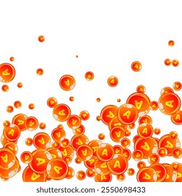 Vitamin A round capsules scattered randomly.  Beauty treatment and nutrition skin care.   Wellness concept. Medical and scientific background. 